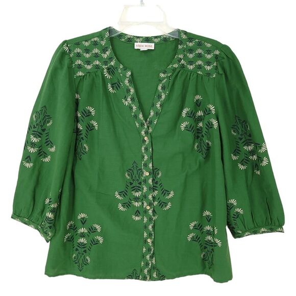 Knox Rose Emerald Green Puff Sleeve V-Neck Boho Top Medium - Picture 1 of 11